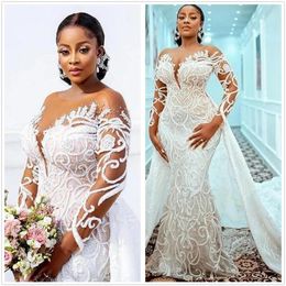 Plus Size Lace Mermaid Wedding Dresses 2022 With Detachable Train Sheer Long Sleeves Beaded Lace Appliqued Bridal Gown Custom Made291L