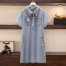 Dresses 150kg Plus Size Women's New Summer Loose Vintage Polo Lapel Breasted Half Placket Workwear Denim Shirt Dress 5xl 6xl 7xl 8xl 9xl