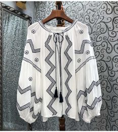 Women's Blouses Blusas Feminino 2023 Spring Summer High Quality Women Exquisite Embroidery String Deco Lantern Sleeve Casual White Top