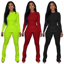 Women's Two Piece Pants Sets Solid Long Sleeve Crop Top And Flared Suits Fall Outfits For Women 2023 Fashion Bodycon Matching