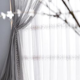 Curtains French Living Room Bedroom Dining Room Curtain White Pearl Tulle Transparent Embroidery Curtain Romantic Gray Yarn