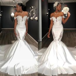 Elegant African Dubai Arabic Mermaid Wedding Dresses Bridal Gowns Off Shoulder Sweetheart Lace Appliques Court Train Bride Dress V278F