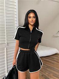 Women's Tracksuits Summer Outfits Clothes Shorts 2 Two Pieces Sets Tracksuit Women Outfit 2023 Short Sleeve Crop Top Black Sweat Suit Suits