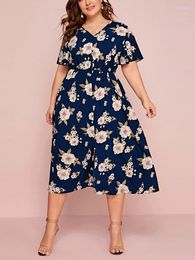 Plus Size Dresses Women's Floral Print V-neck Short-sleeved Dress With Waist Cinched Loose Split Midi Chiffon