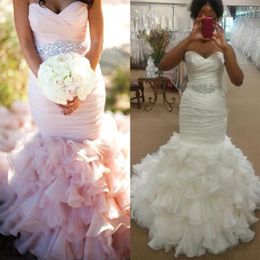 Custom Made 2016 Wedding Dresses Sexy Sweetheart Neck Bling Beads Sash Blush Pink Mermaid Backless Tiered Ruffles Fit and Flare Br260i