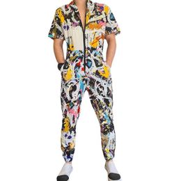 Pants 2022 Summer Allover Graffiti Print Short Sleeve Mens Jogger Overalls One Piece Set Jumpsuit