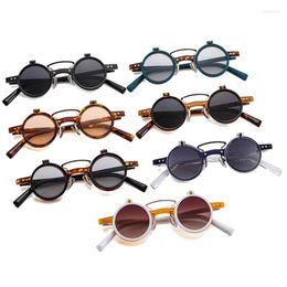 Sunglasses Retro Round Frame Punk Double Bridges Women Men Fashion Flip Lens UV400 Goggles Outdoor Travel Driving Shades