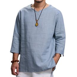 Men's T-Shirts Men's V Neck Cotton Linen T Shirts Male Breathable Solid Colour Long Sleeve Casual Loose T-Shirt Tops 230617