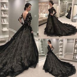 Sexy Black Gothic Wedding Dress V neck Backless Long Sleeves Applique Court Train Country Designer Wedding Dresses Bridal Gowns Ne292R