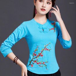 Ethnic Clothing Cheongsam Women's Plus Size Tops 2023 Autumn Cotton Blend Prints Splicing Long Sleeve Stand Collar Chinese Style Qipao