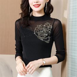 Women's Blouses Black Mesh Blouse Vintage Fashion Drill Autumn Winter High Neck Pullover Undershirt Womens Tops And Blusa Feminina