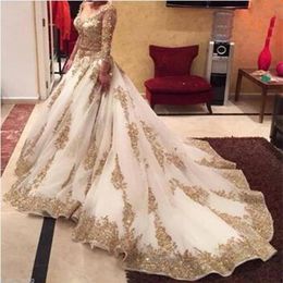 Luxury Cinderella Two Pieces Long Sleeve V Neck Arabic Muslim Wedding Dress Ball Gown Gold Lace Beads Bridal Gowns3235