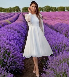 Elegant Short Wedding Dress Lace Tulle Modest Long Sleeve Scoop Bohemian Beach Garden Bridal Party Gowns 2023 Vestido De Novia