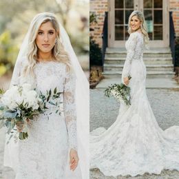 Vintage Bohemian Full Lace Wedding Dresses With Sheer Long Sleeves Bridal Dresses Buttons Back Country Wedding Gowns Court Train2790