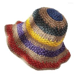 Wide Brim Hats Summer Striped Bucket Hat Colorful Beach Holiday Foldable Beige Domed Sun Shield Straw Weaving Shading Fisherman