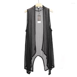 Men's Vests 2023 Summer Korean Fashion Mesh Long Vest Hollow Out Casual Sleeveless Jacket Hip Hop Vintage Cardigan