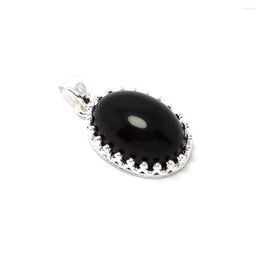 Charms Crown Necklace Pendant Black Agate Cabochon Stone Inlaid Silver Plated Brass Vintage Findings Oval Charm Accessories With Buckle