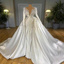 Dubai Gorgeous Wedding Dresses With Detachable Train Ruched Satin Pearls Beads Mermaid Bridal Gowns Long Sleeve Marriage Dress Rob232A