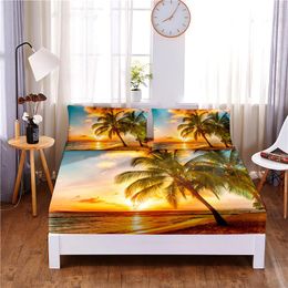 Set Sunset Beach Digital Printed 3pc Polyester Fitted Sheet Mattress Cover Four Corners with Elastic Band Bed Sheet Pillowcases