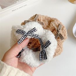 Hair Accessories Coffee Color Plush Large Elastics Ties For Women Girl Cute Plaid Double Bowknot Winter Sweet Headband