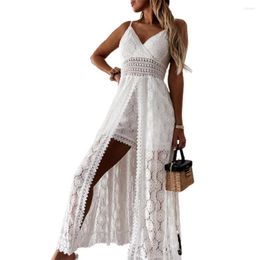 Casual Dresses Women Bodysuit Summer 2023 Boho Solid Colour Hollow Out Floral Lace Sleeveless Sling Fashion Evening Party