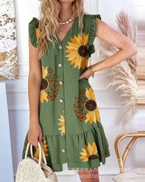 Casual Dresses Sunflower Butterfly Print Ruffle Hem Dress 2023 Women Y2k High Waist Swing Summer Vestidos Party Sexy