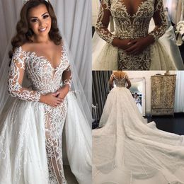 Long Sleeve Middle East Mermaid Wedding Dresses with Overskirt Detachable Train Lace Sparkly Beaded Arabic Princess Wedding Gown264H