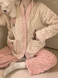 Women's Sleepwear KIMOKOKM Sweet Princess Tracksuit Kawaii V-Neck Full Sleeve Top Coral Fleece Flower Trousers Pyjamas Home Girly Two-Piece
