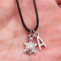 Pendant Necklaces A-Z Letter Cute Tortoise DIY Tibetan Silver Colour Black Leather Necklace Fashion Handmade Jewellery For Men Women