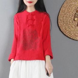 Ethnic Clothing Chinese Style Women Clothes National Button Embroidery T-Shirt Female Ladies Loose Cotton Shirts Top Plus Size 11617