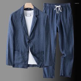 Men's Suits Men Summer Blazer Casual Linen Suit For Jacket Thin Style Spring Autumn Ankle Leng Ninth Pants Cotton 2-Piece Set