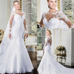 Mermaid Wedding Dress Sheer O-neck Long Sleeve See Through Illusion Back White Beach Bridal Gowns with Lace Appliques258L