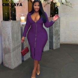 Dresses Cm.yaya Plus Size Women Deep Vneck Long Sleeve Zipper Fly Front Slit Bodycon Midi Dress Sexy Club Pencil Party Night Dresses