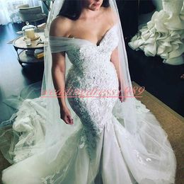 Stunning Off The Shoulder african Mermaid Wedding Dresses Lace Applique Plus Size Trumpt Country Bridal Gown Train Bride Dress Cus2810