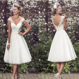 Elegant Tea Length Short Wedding Dresses Cap Sleeves Appliques Lace Wedding Gowns Tulle V Neck Short Bridal Gowns Cheap266G