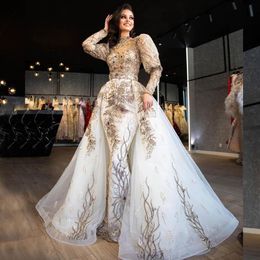 Luxury Beaded Mermaid Wedding Dresses With Detachable Train High Neck Long Sleeves Sequined Bridal Gowns Plus Size Appliqued robe 214T