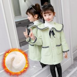 Jackets 2023 Autumn And Winter Style Childrenswear Girls Plus Velvet College Pinstriped Woollen Jacket Middle Large Childre