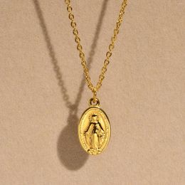 Chains Gold Coin Colour Virgin Mary Pendant Necklace For Women Vintage Stainless Steel Necklaces Ellipse Choker Jewellery Gift