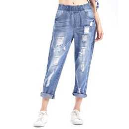 Jeans Ripped Jeans for Women High Waist Plus Size Loose Softener Light Blue Anklelength Denim Harem Pants 6xl 7xl 8xl