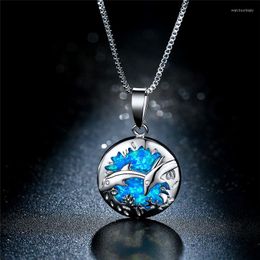 Pendant Necklaces Creative Double Dolphin Round Pendants Necklace White Blue Opal Animal For Women Vintage Silver Colour Chains