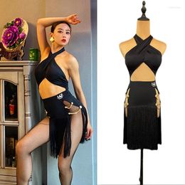 Stage Wear Sexy Latin Dance Dress Women Black Halter Cutout Tassel Competition Clothes Rumba ChaCha Dancing Costume DL10484