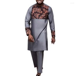 Men's Tracksuits Grey Men's Sets Nigerian Fashion Patchwork Shirt With Solid Trousers Male Long Tops Straight Pant Africa Clothing