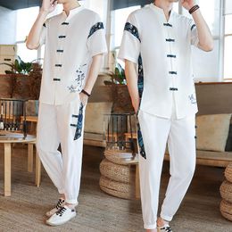 Ethnic Clothing Men's Large Size Tracksuit Husband 2023 Summer Suit Linen Shirt Fashion Male Set Chinese Style 4XL 5XL Plus Two Pieces