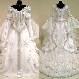 Mediaeval Wedding Dresses Witch Celtic Tudor Renaissance Costume Victorian Gothic Off The Shoulder Long Sleeve Wedding Dress Bridal227D