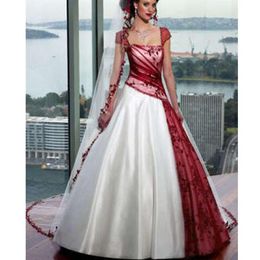 Cap Sleeve Square Neck White and Red Bridal Gowns Vintage A Line Wedding Dresses Open Back Sweep Train Corset Pleated Custom Made2287