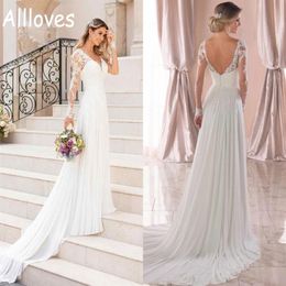 Beach Boho Wedding Gowns With Long Sleeves Bohemian Lace Appliques A Line Chiffon Garden Bridal Dress V Neck Sweep Train Sexy Back339T