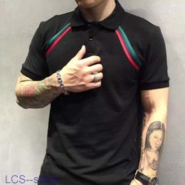 Men's Polos t Shirts Summer 2022 Striped Slim T-shirts Men Business Casual Short Sleeve Cotton Tops Male High Street Lapel Black Plus Size