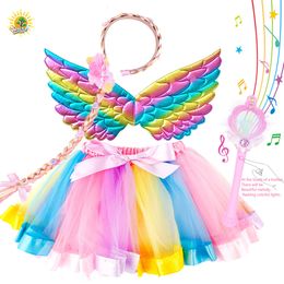 Beauty Fashion Children Girl Grooming Toy Halloween Role-Playing Costume Flashing Magic Wand Princess Veil Wing Necklace Wig Jewellery Set Toy 230617