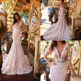 Ida Torez Elegant Mermaid Wedding Dresses Illusion Sexy V Neck Long Sleeve Bridal Gowns Backless Lace Appliqued Dress2491