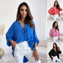 Women's Blouses Commute Summer Blouse Women Clothing Spring Shirt V Neck Half Single-breasted Buttons Solid Colour Loose Match Pants Long S